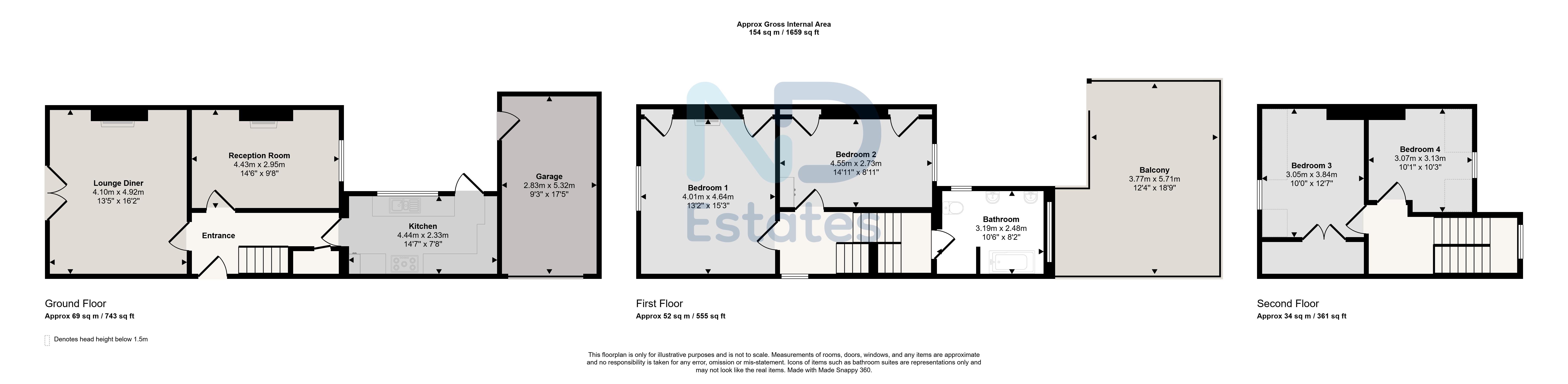 Floor plan for St Helier - Four Bedroom House with Patio, Garage and Roof Terrace